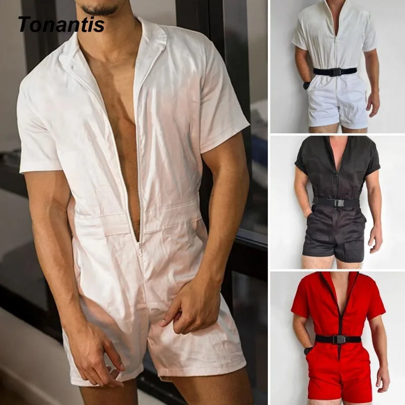 Fashion Men's Bodysuit Men Overall Shorts Zipper Temperament Slim Short Sleeve Romper Shorts Male Men Jumpsuit Streetwear