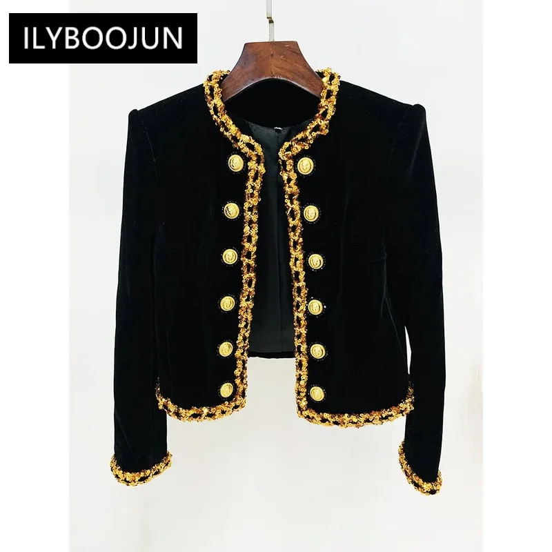 

Black Velvet Jacket Women 2024 New Designer Beaded Sequins Chain Velvet Short Cardigan Coat New in Outerwears Jackets Blazer