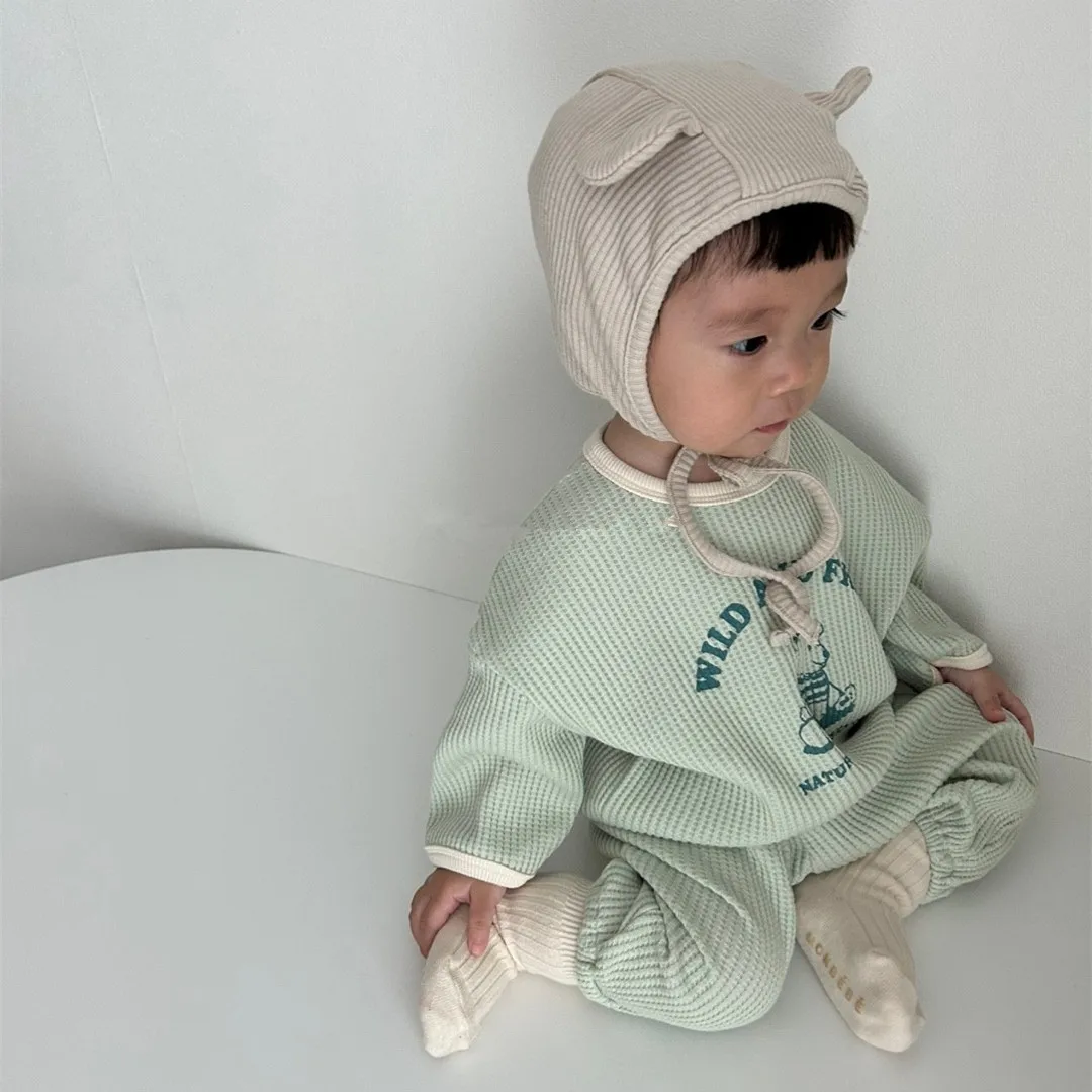 Korean Children's Wear Children's Bear Suit Spring and Autumn Baby Cute Cartoon Waffle Sweater Leggings Casual Suit Kids Clothing Set