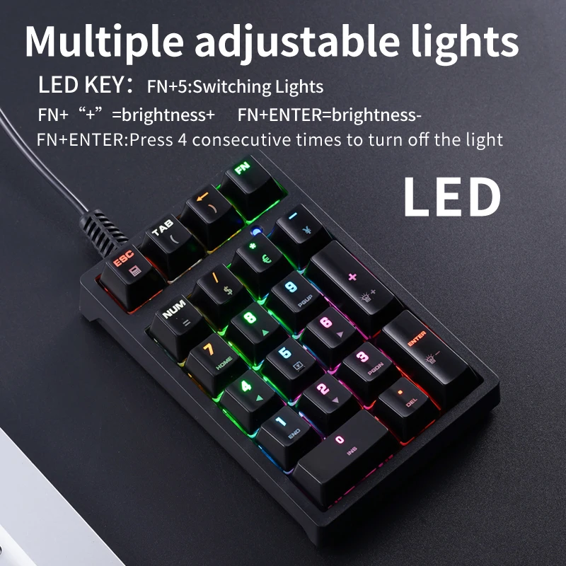 APAYADO 21 키 기계식 숫자 패드 RGB 백라이트 유선 미니 디지털 키패드 회계용 휴대용 패드 노트북 데스크탑 사무실 사용