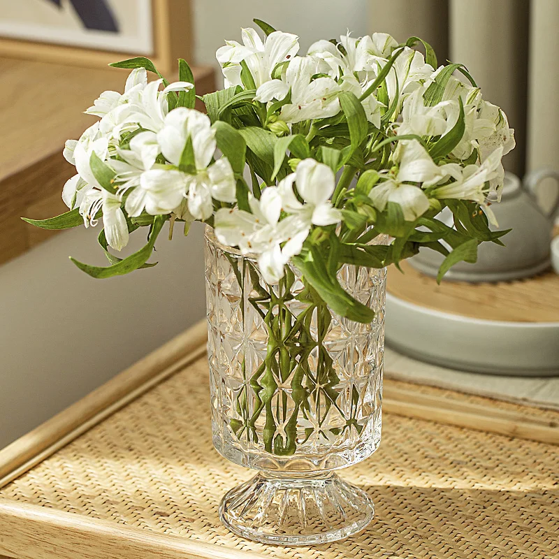 Embossed Vase Glass Crystal Net Red French High-quality Flowers Water Rose Table Decoration Living Room Flower Arrangement