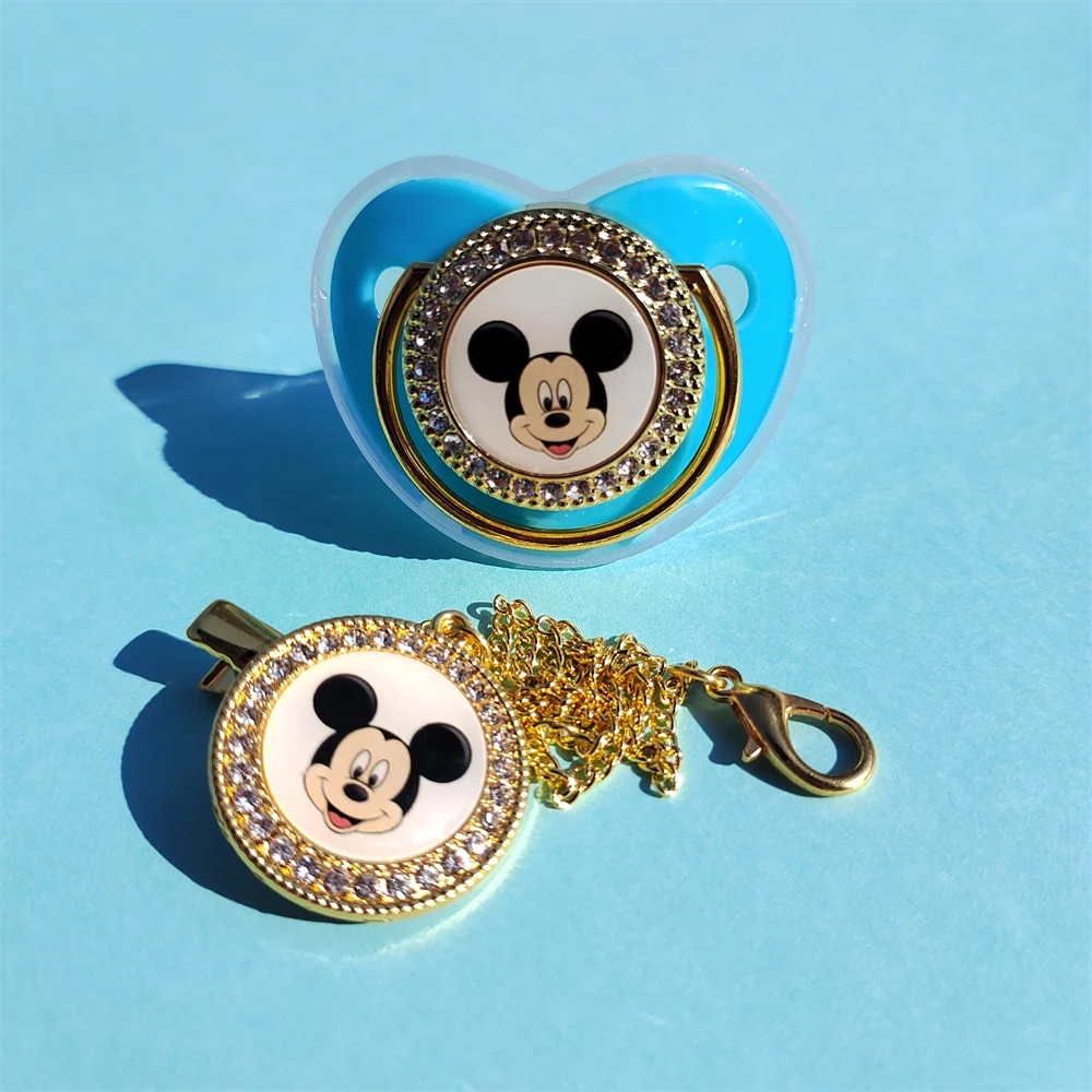 Mickey Mouse Bling Pacifier with Holder Set Disney Bead Silicone Baby