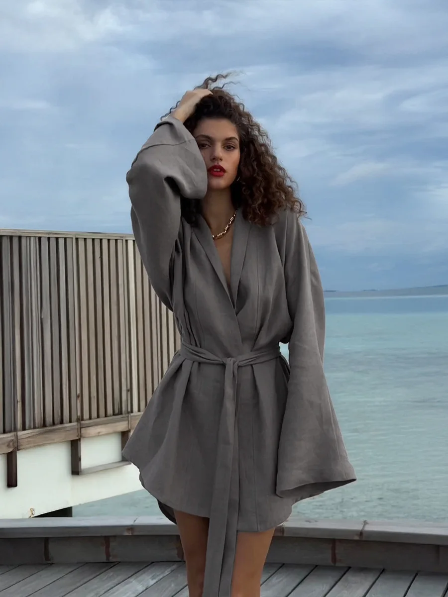 Bornladies Cotton And Linen Robe Dress 2025 Autumn Winter New Women's Lace Long Sleeve Dress Casual And Comfortable Beach Dress