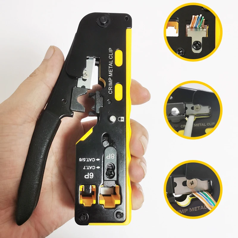 VANDESAIL Rj45 Pass Through Crimp Tool Cat6 Cat6A Cat5 Cat5e Crimping Tool with 8P/6P Pass Through Ethernet Crimper