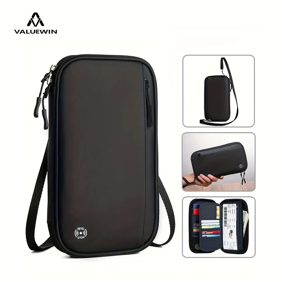 Portafoglio da viaggio, porta passaporto, porta carte, borsa a tracolla, organizer per documenti e biglietti per l'estero, custodia protettiva da appendere al collo._voghion.com