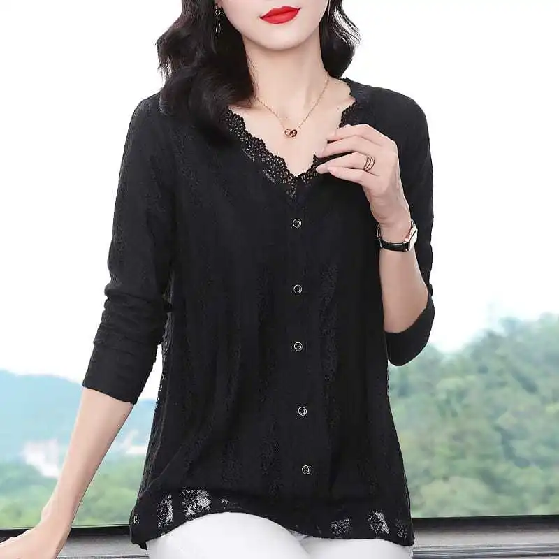

Black Long Sleeve Women's Clothing Pullovers Simplicity Elegant Fashion Loose Buttons Lace Spring Summer Thin Vintage T-Shirts