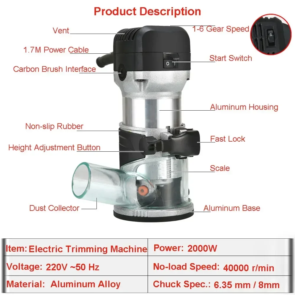 220V 2000W Electric Trimmer Router6.35mm & 8mm Milling Engraving Slotting Trimming Machine Hand Carving Router Woodworking Tools 6