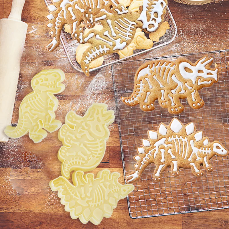 3Pc/Lot Plastic Dinosaur Chocolate Chip Cookie Mold Kitchen Baking Cookie Embossing Mould For Boy Birthday Party Cake Decoration baking mold,cookie mould,cookie printing mold,baking decorating tools
