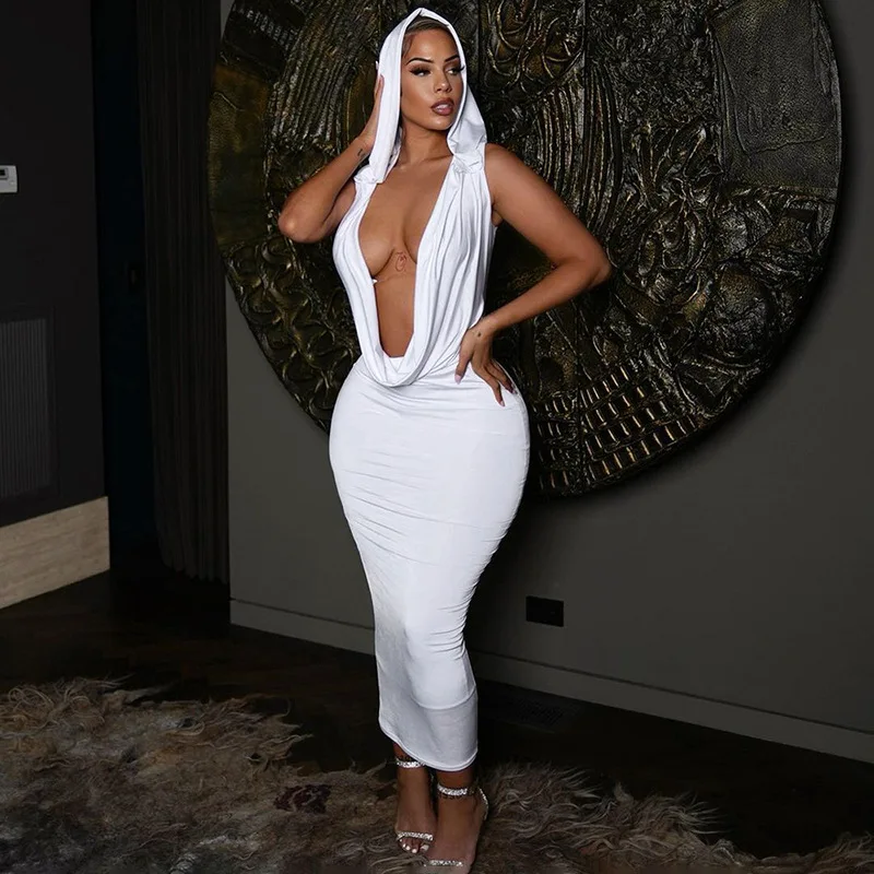 

Hooded Sleeveless White Sexy Bodycon Maxi Dress 2023 Summer Women Fashion Goth Clothes Y2K Streetwear Party Casual