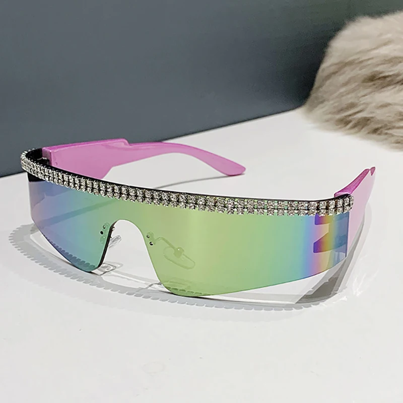 

Модные солнцезащитные очки в стиле панк с плоским верхом, женские солнцезащитные очки с кристаллами Y2K, мужские зеркальные цельные очки без оправы, очки