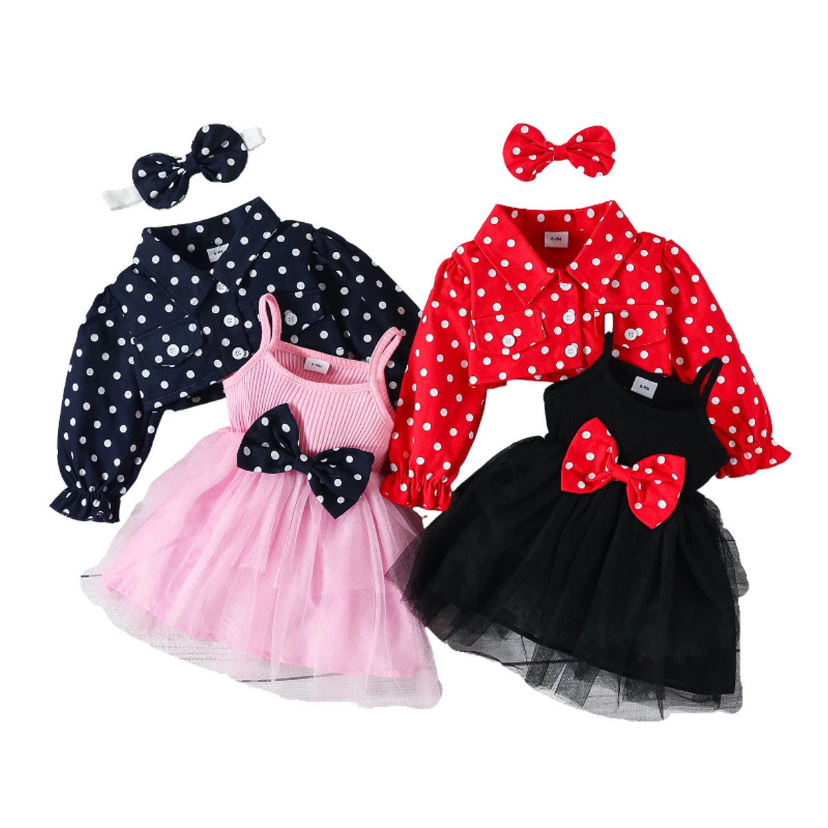 

Baby Girls Dress Sets Spring Autumn Infant Polka Dot Long Sleeved Jacket Suspender Tutu Dress Bow Dress Suit Toddler Party Dress