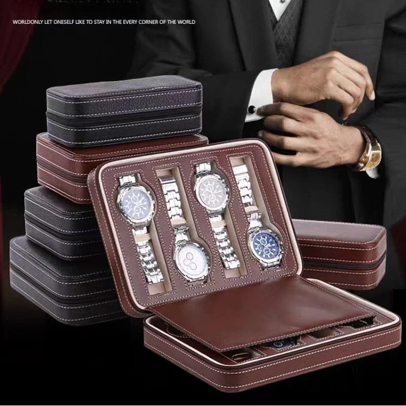 New 4/6/8/10/12 Slots Portable Leather Watch Box Your Watch Good Organizer Jewelry Storage Box Zipper Easy Carry Men loxes