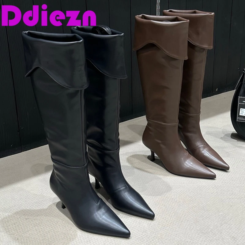 

Туфли-лодочки женские на тонком каблуке, без застежки, высокие сапоги в западном стиле, с перевернутым краем, обувь для женщин