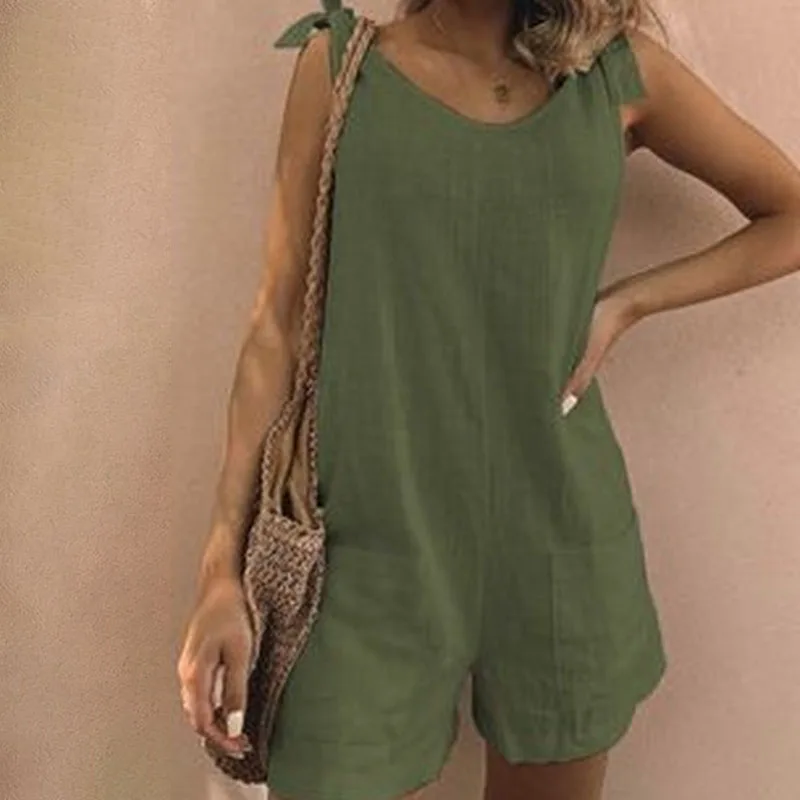 Overalls Boho Summer Women's Solid Color Lace Up Short Jumpsuit Casual Pockets Loose Sleeveless Rompers Playsuits Womens Clothes summer suspender ethnic style fashion solid color wide leg jumpsuit pockets european american playsuit womens oversized rompers