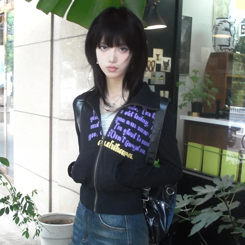 Karrram Japanese Y2k Cropped Jacket Vintage Harajuku Short Coat American Retro Letter Print Zipper Sweatshirt Grunge Outerwear 5