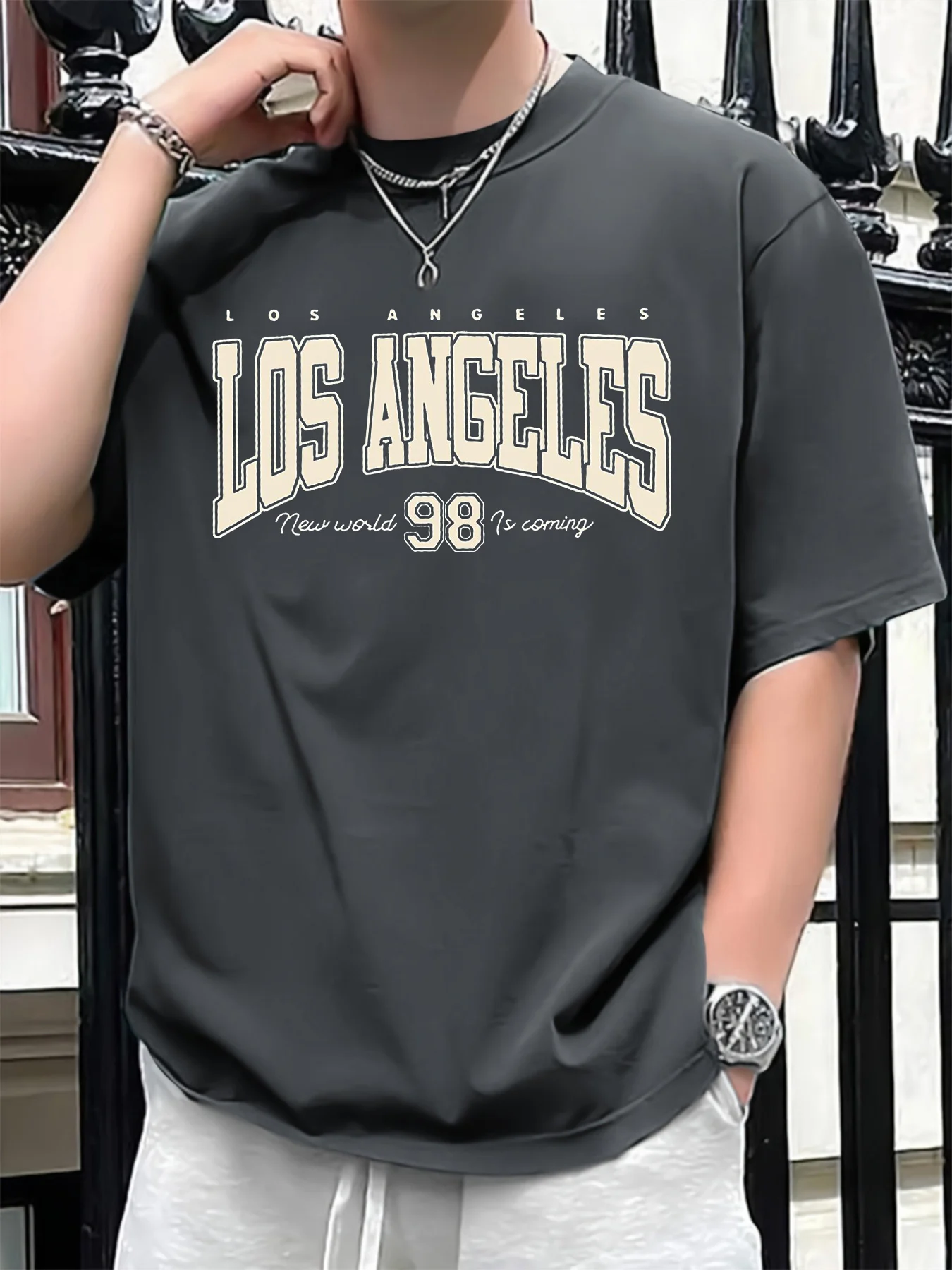 Men's summer 100 cotton fashionable casual loose plus size Los Angeles 98 printed sports round neck short sleeved T-shirt top 1