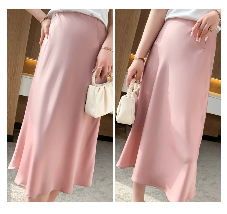 Silk Skirt Women's Spring Summer A-Line Mid-Length Knitt Fishtail Skirt High-Waist Temperament Bottoms Loose and Thin Hip Skirt brown skirt