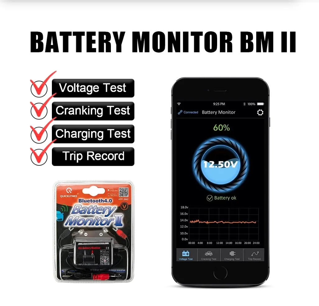 QUICKLYNKS BM2 Bluetooth 4.0 12V Car Battery Monitor Device Car Battery Tester Diagnostic Tool For Android IOS Phone Hot
