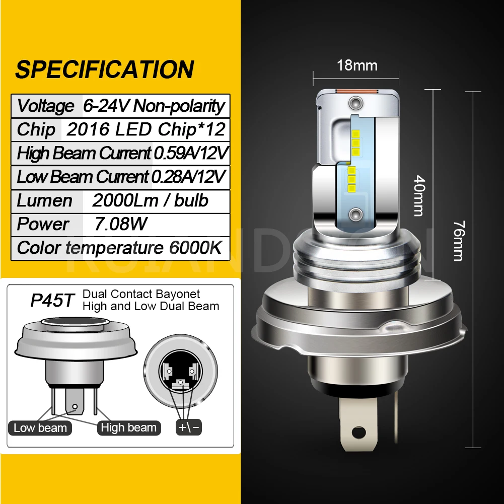 AC/DC 6-24V P45T H4 P36D 2016 12SMD LED Motorcycle Headlight Bulb White 6000K Moto Hi/Lo Beam Light Scooter Motorbike Head Lamp