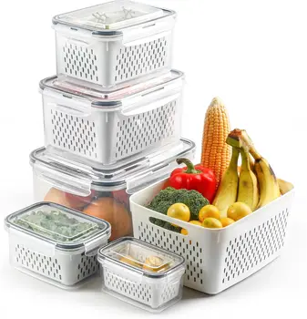 5 PCS Fruit Storage Containers for Fridge with Colanders Dishwasher Safe, Leakproof Fruit and Vegetable Storage