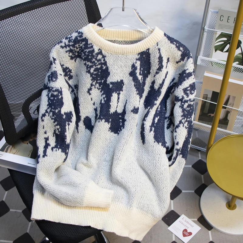 2024 Men Spring Autumn Fashion Long Sleeve Jacquard Sweater Top Male Round Neck Knitted Tops Mens Loose Pullover Jumpers S108