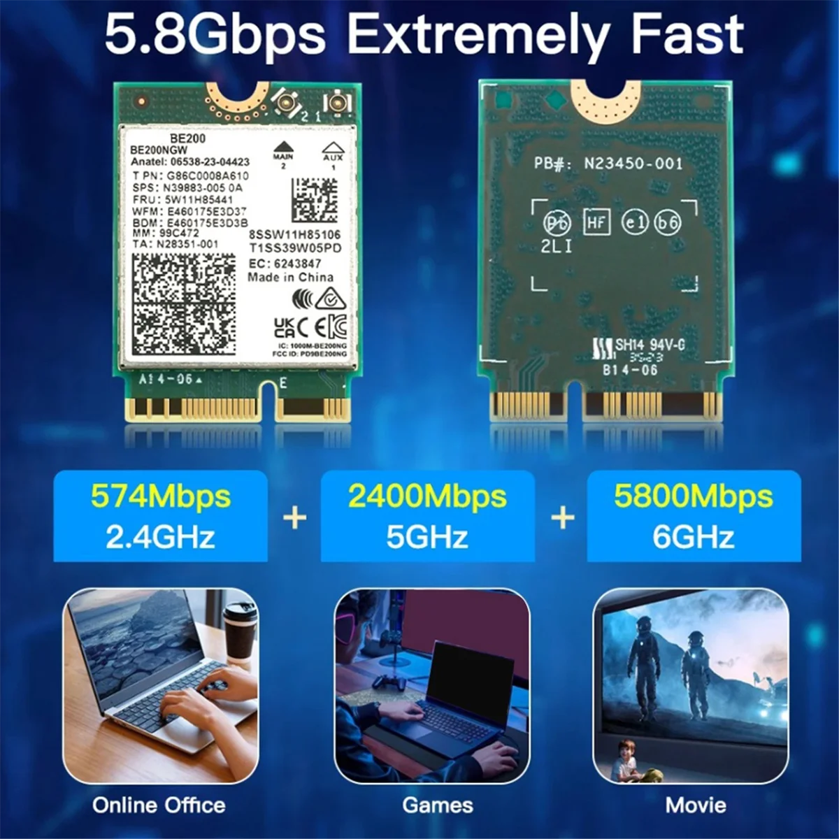 BE200 무선 네트워크 카드용 SCLS WiFi 7 BT5.4 Wifi 카드 BE200NGW 2.4/5/6GHz 5.8 Gbps M.2 어댑터 (PC 노트북용)