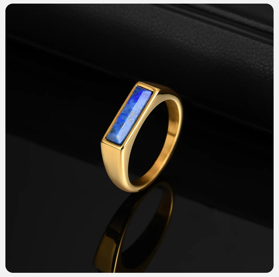 Vnox Naturstein-Siegelring für Männer und Frauen, Unisex-Fingerband aus vergoldetem Edelstahl, brüderer Ring als Geschenk – Detail 7