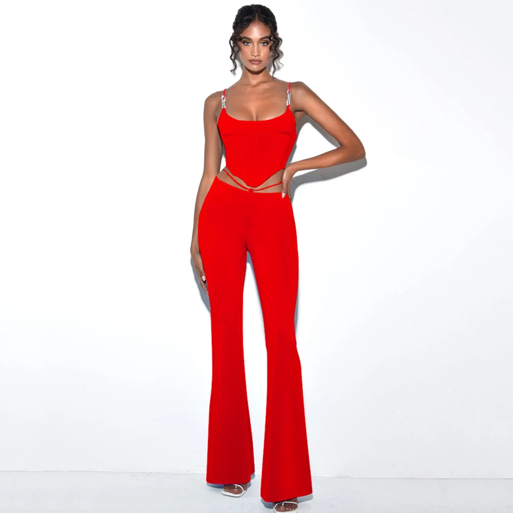

2023 New Bandage Sets Bodycon Sexy Tops Flare Pants Women Two Pieces Set Club Party Celebrity Clothes