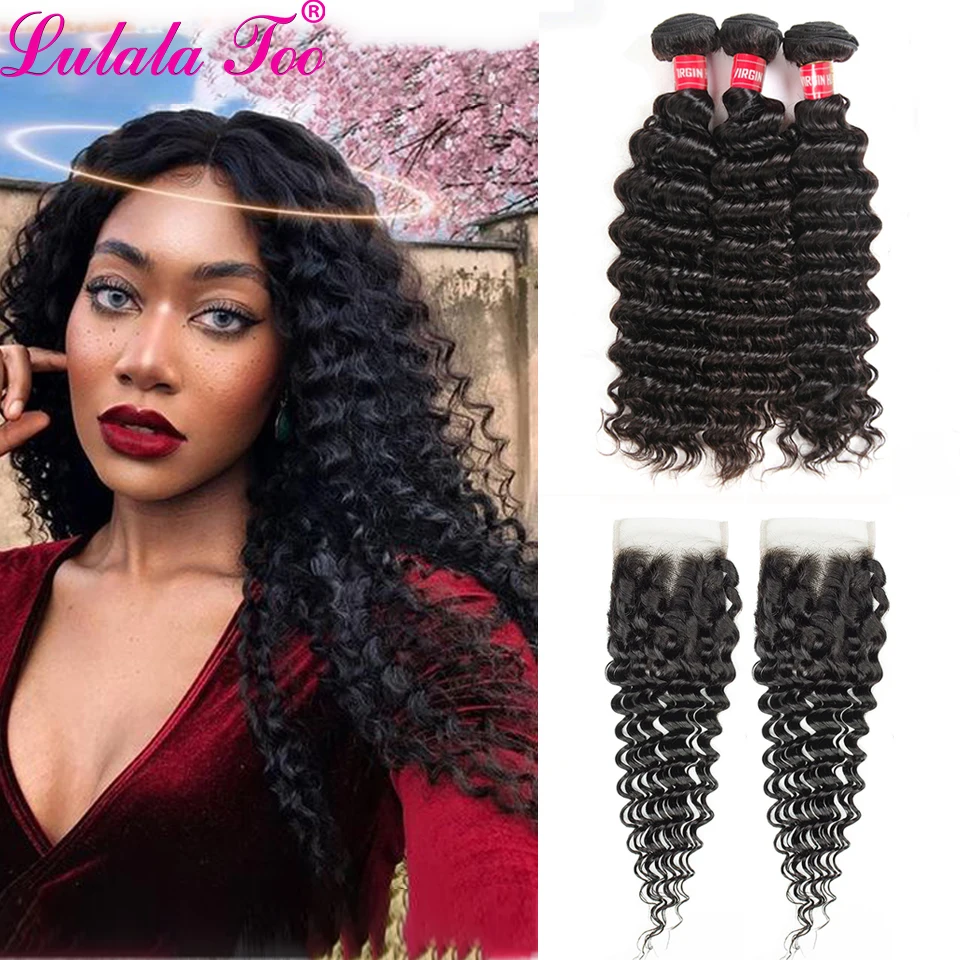 

30 Inch Deep Wave Bundles With 4x4 Closure Brazilian Curly Human Hair Water Wave 3/4 Bundles Weave Remy Hair extensions
