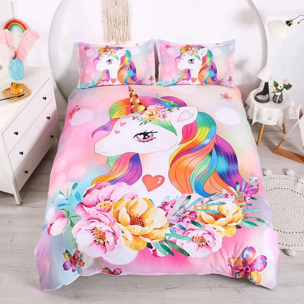 

3pcs Cute Unicorn Duvet Cover Set Pink Unicorn Bedding Watercolor Flowers Rainbow Unicorn (1pc* Duvet Cover + 2pcs*Pillowcases)