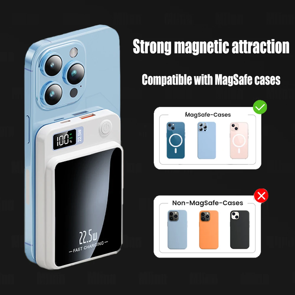 20000mAh Magnetic Wireless Power Bank PD20W MagSafe Powerbank External  Auxiliary Battery Charge For iphone 15 12 13 14 Pro Max