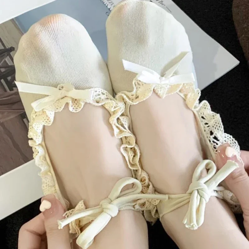 Japanese Style Girl Lolita Modern Dance Latin Dance Socks Ballet Lace Tie Straps Boat Socks Bowknot Women Fishnet Slippers