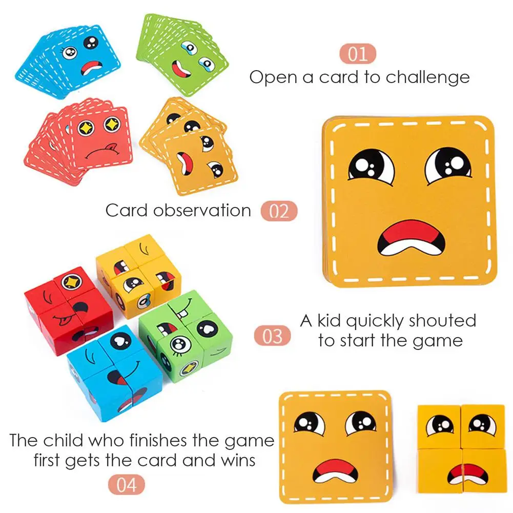 Kids Montessori Toy 64 pcs Cards of Emoticon Puzzle Face Change Cubes Wooden Toys Building Blocks Educational Game for Children 3