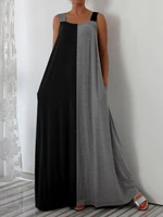 Women's Colorblock Straight Loose Dress Fashion Square Neck Pocket Strap Long Dress Holiday Sleeveless Ankle-Length Slip Dress 1