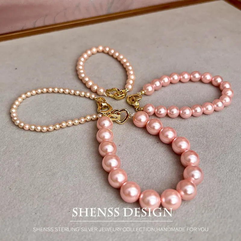 Elegant Pink Color mitation Pearl Copper Plated 14k Gold Bracelet Classic Temperament Jewelry For Women Length 15cm-19cm