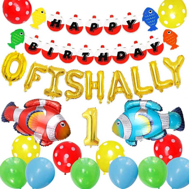 JOYMEMO Fishing First Birthday Decorations, Gone Fishing Party Supplies, O Fish Ally One Balloons Banner, Fish Foil Balloons