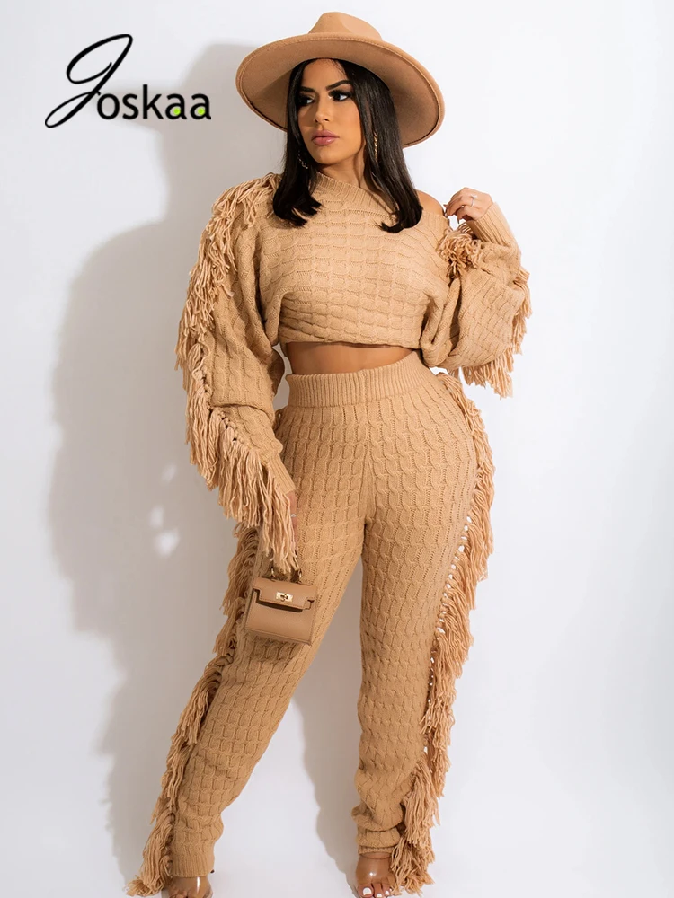 Joskaa Tassel Knitted Sweater 2 Piece Set Long Sleeve Crop Top and