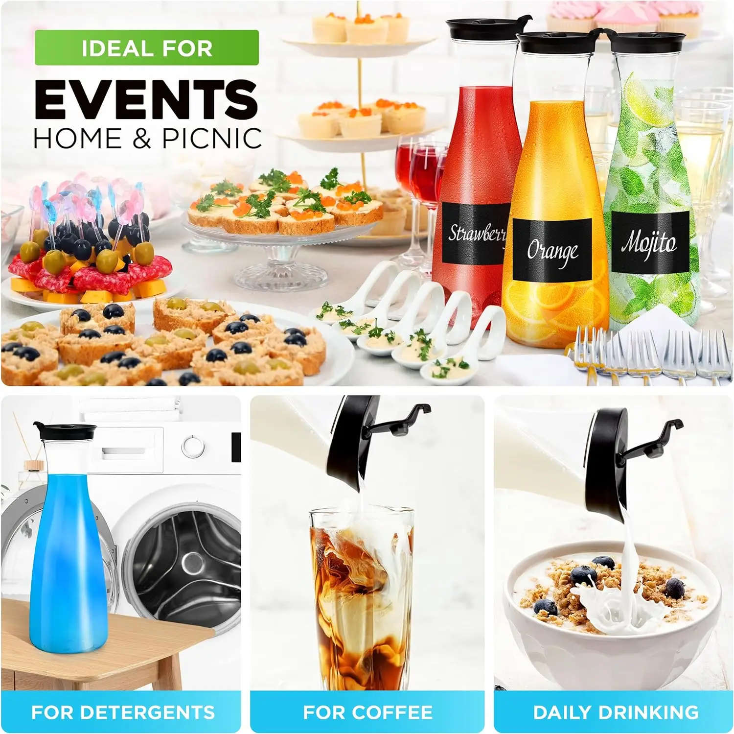 2pcs Water Carafe with Flip Top Lid  Milk, Iced Tea Beverage, Cold Brew and Mimosa Bar. Juice Containers with Lids Accessories 4