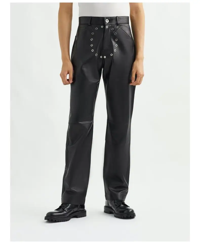 

27-46 New 2022 Men Clothing GD Hair Stylist Original Black Eyelet Decorative Casual Leather Pants Plus Size Singer Costumes