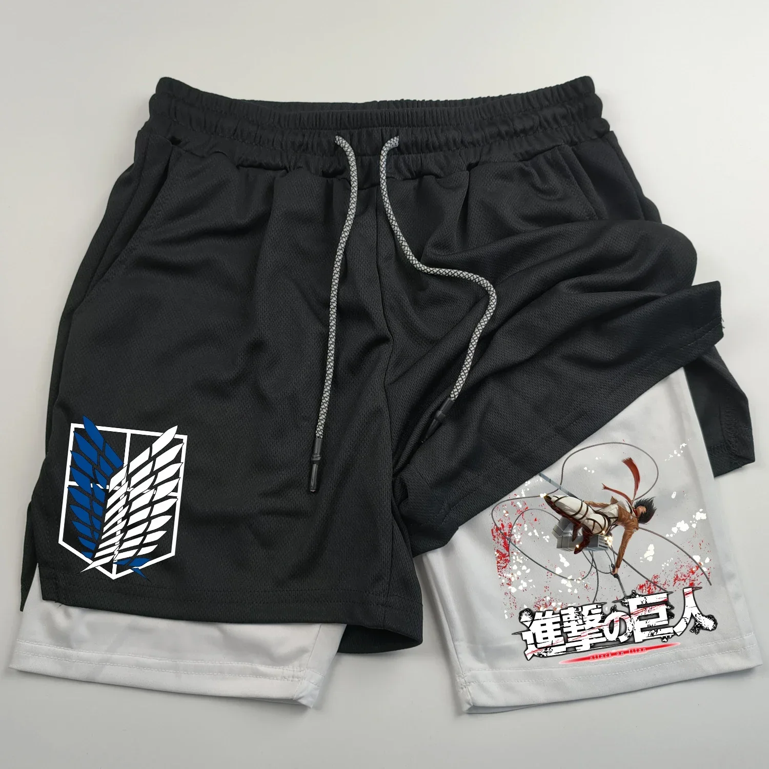 2-in-1 Sports Shorts Anime Attack on Titan Men's Shorts Quick Drying Breathable Sports Fitness Outdoor Running Gym Short