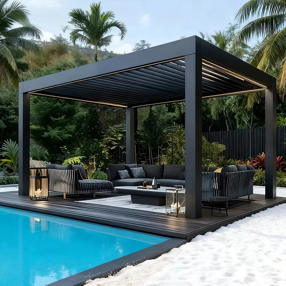 Pergola Motorizzata in Alluminio, Pronta per Pannelli Solari, Impermeabile, Antivento e Resistente alla Neve, Gazebo da Esterno per Piscina - immagine 5