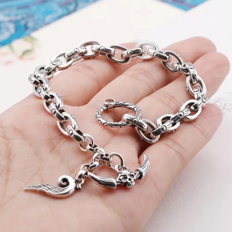 

S925 Blunt Silver Luxury Domineering Skull Bracelet Men's Trend Personality Retro Men's Accessories Couple Gift Bracelet