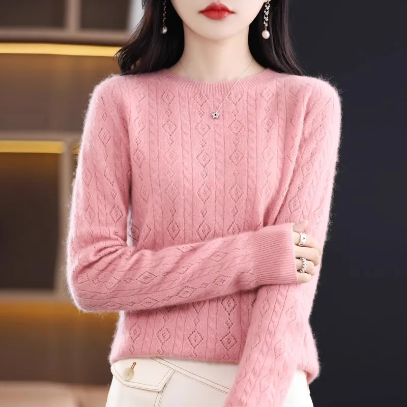 

2024 New 100 pure cashmere sweater women Autumn Winter O-neck Hollow Jacquard Joker pullover sweater wool knitted sweater Ladies