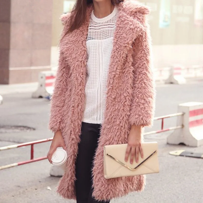 Women's Lapel Loose Dark Button Plush Mid-length Woolen Coat  Autumn and Winter New Fashion Women's Pure Color Woolen Coat