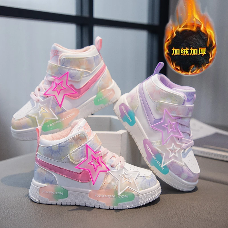 

Winter Girls Sneakers Warm Plush Children's Shoes Fashion Candy Color Casual Sneaker Sports Shoes for Kids High Top Skate Shoes