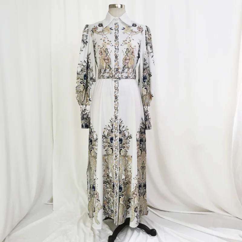 2023 Muslim Abayat Dress White Print Slim Big Skirt Robe Femme Musulman Stylish Elegant Ladies Dress