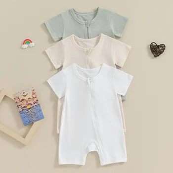 Pudcoco Newborn Baby Girls Boys Summer Romper Casual Short Sleeve Round Neck Zip Up Jumpsuit Infant Clothes 0-24M