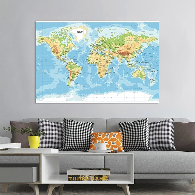 150*100cm Terrain Map of The World Wall Art Poster Large Canvas Painting Education School Supplies Office Classroom Home Decor