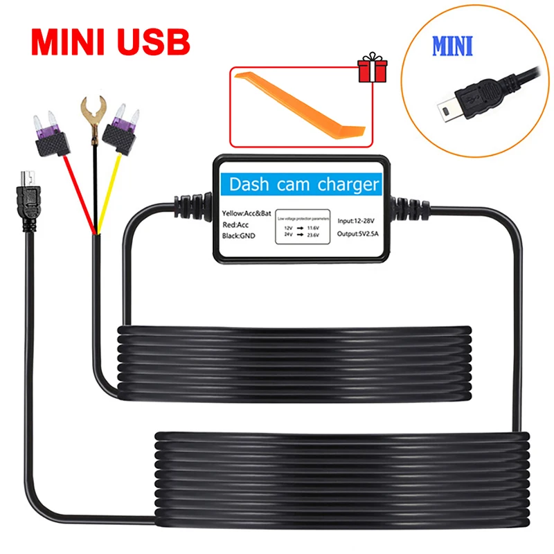 Car DVR Dashcam Camera Hardwire Kit 5V2.5A 12-30V Low Vol Protection Mini USB Port 24H Parking Monitoring for Car Accessories