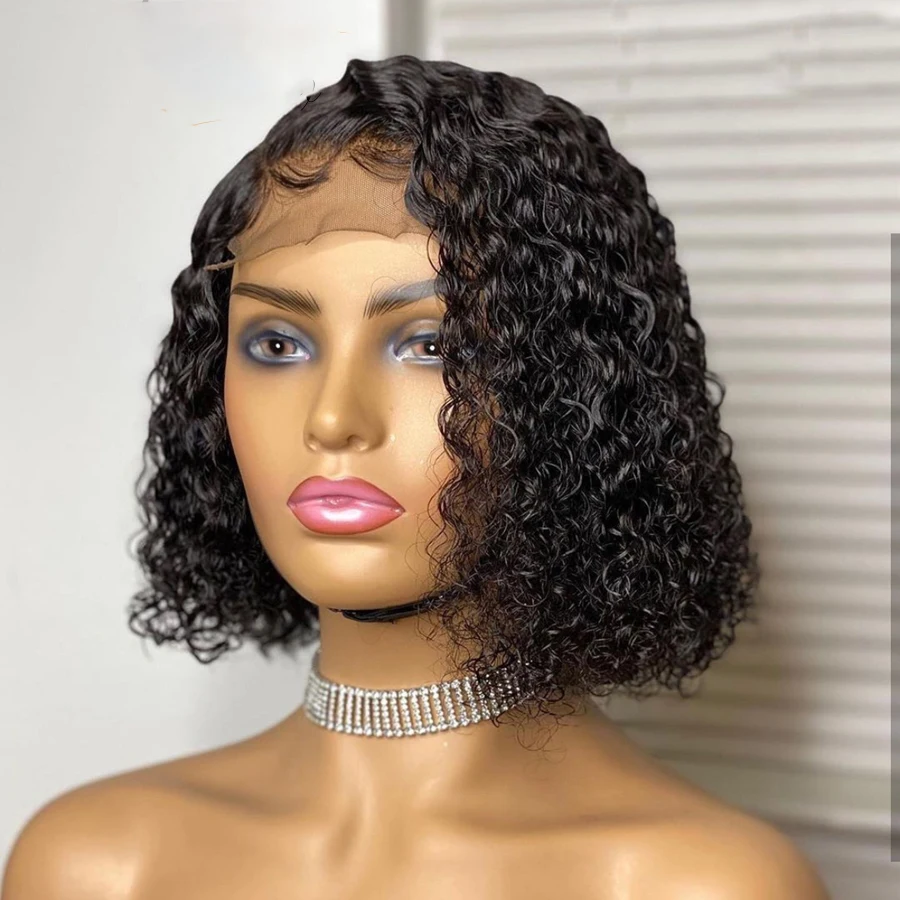 

Middle Part 2022 Blunt Short Bob Kinky Curly Natural Black Lace Front Wig For Women Baby Hair Pre Plucked Glueless Super Soft